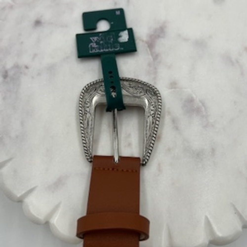 Wild Fable Women Brown Western Whipstitch Belt Silver Engraved Buckle Medium NEW - Picture 5 of 8